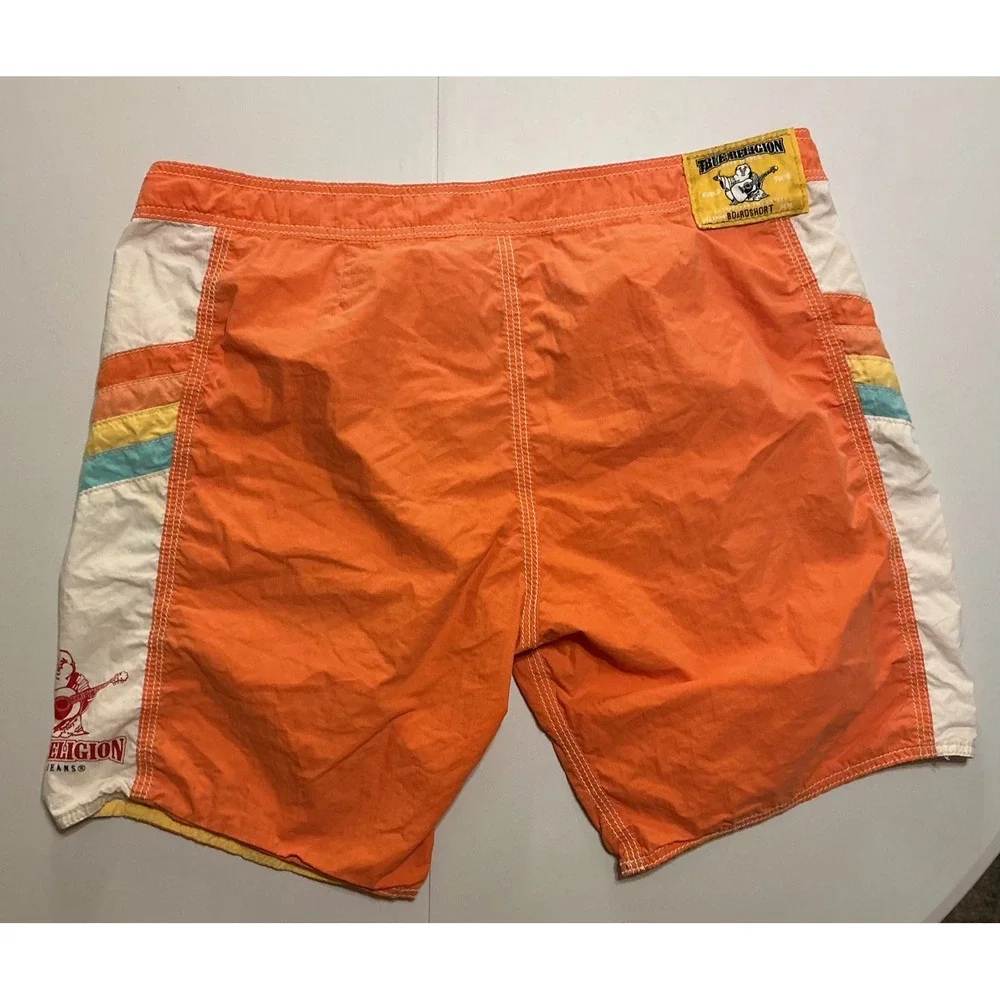 VTG USA Made True Religion Mens Orange Boardshorts Sz 44 Swim Trunks Color Block